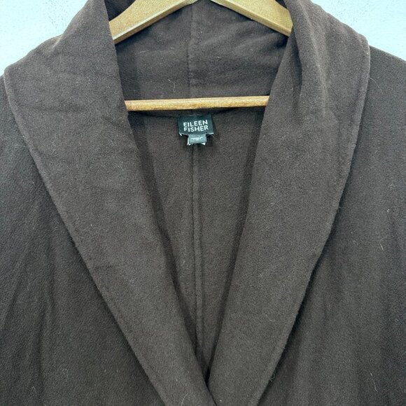 Eileen Fisher Chocolate Brown Cardigan Sweater Shawl‎ Collar Open Front Wool - Picture 4 of 6